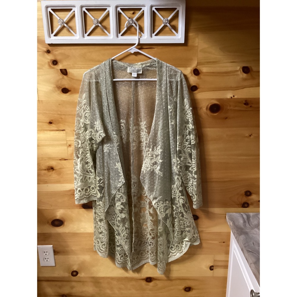 Christina Fairbanks Womens Medium Yellow Floral Lace Open Front Cardigan